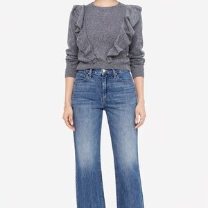 Le Lis Ruffle Detail Cotton Sweater | Grey Knit Puff Sleeve Pullover